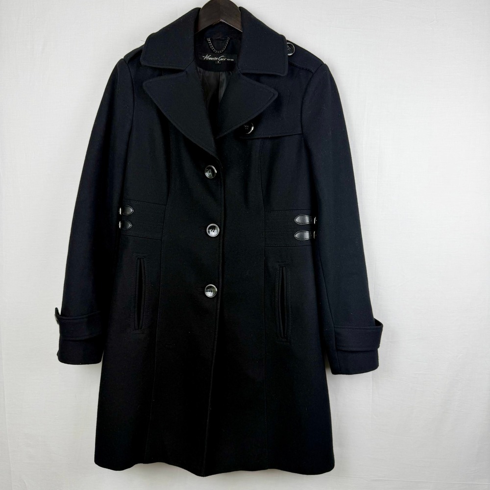 Kenneth Cole New York Black Wool Blend Pea Coat Women Size 8 Double Breasted